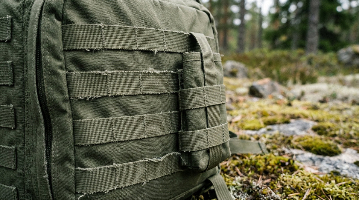 Nærbilde av MOLLE-stropper på en militærgrønn ryggsekk med en pouch festet gjennom stigen