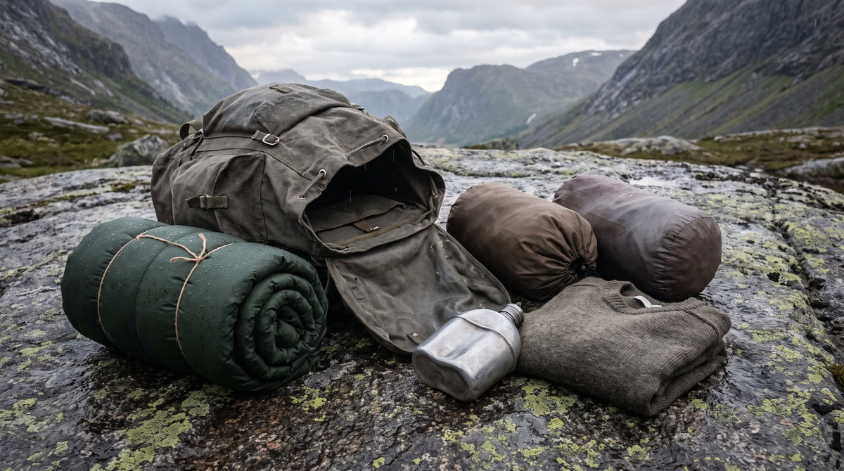 Stor ryggsekk som ligger åpen på svaberg i fjellet, med sovepose, pakkposer og feltflaske lagt ut ved siden av i grått morgenlys