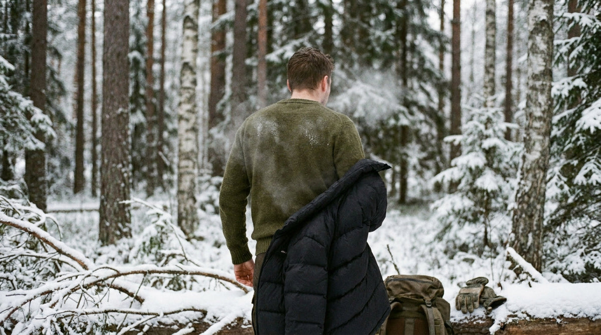 Person sett bakfra på en rast i snødekt skog, i fuktig ullgenser med damp som stiger fra ryggen, med en isolasjonsjakke halvveis på